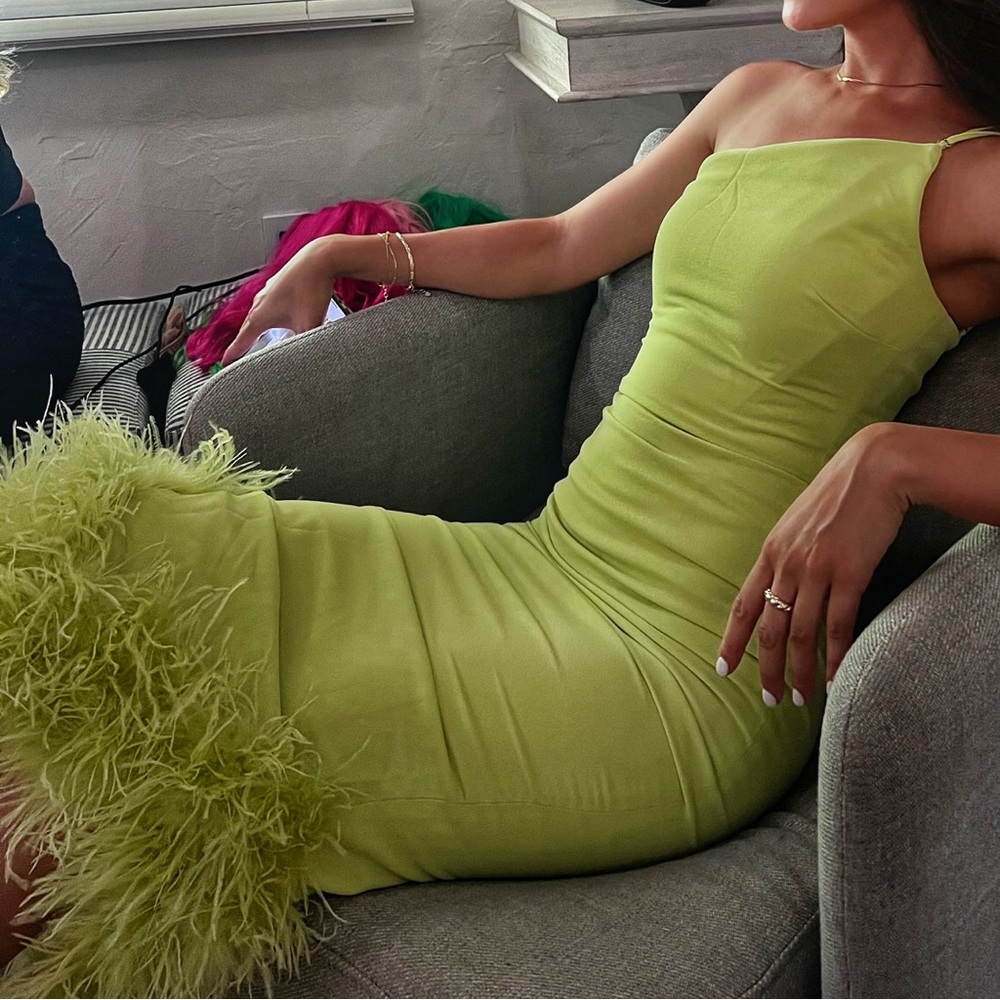 House of CB Alessia Asymmetric Feather Trim Midi Dress